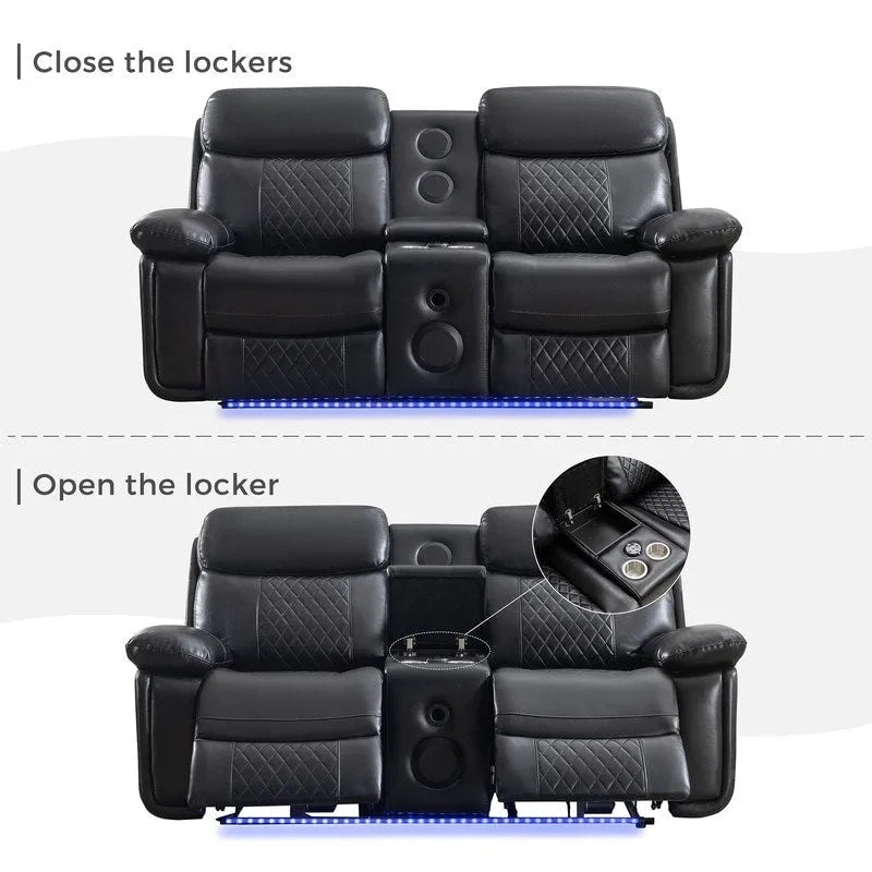 Elektrisches Liegesofa mit kabelloser Ladestation, Leselampe, LED-Beleuchtung für Wohnzimmer, Kunstleder, AC-/USB-Anschluss, Getränkehalter, Schwarz