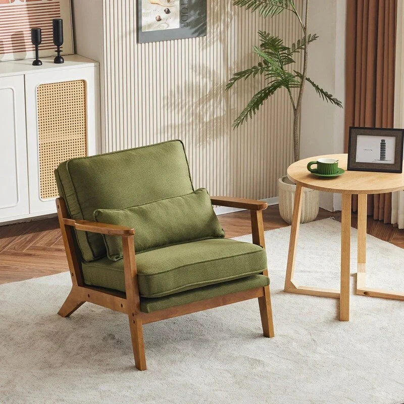 Polster-Akzentsessel aus Leinenmischgewebe mit Holzbeinen und einem Kissen, Beige