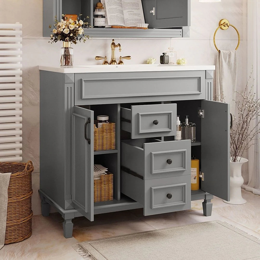 Moderner 36'' Badschrank mit Aufsatzwaschbecken und Spiegelschrank, 2 Türen und 2 Schubladen