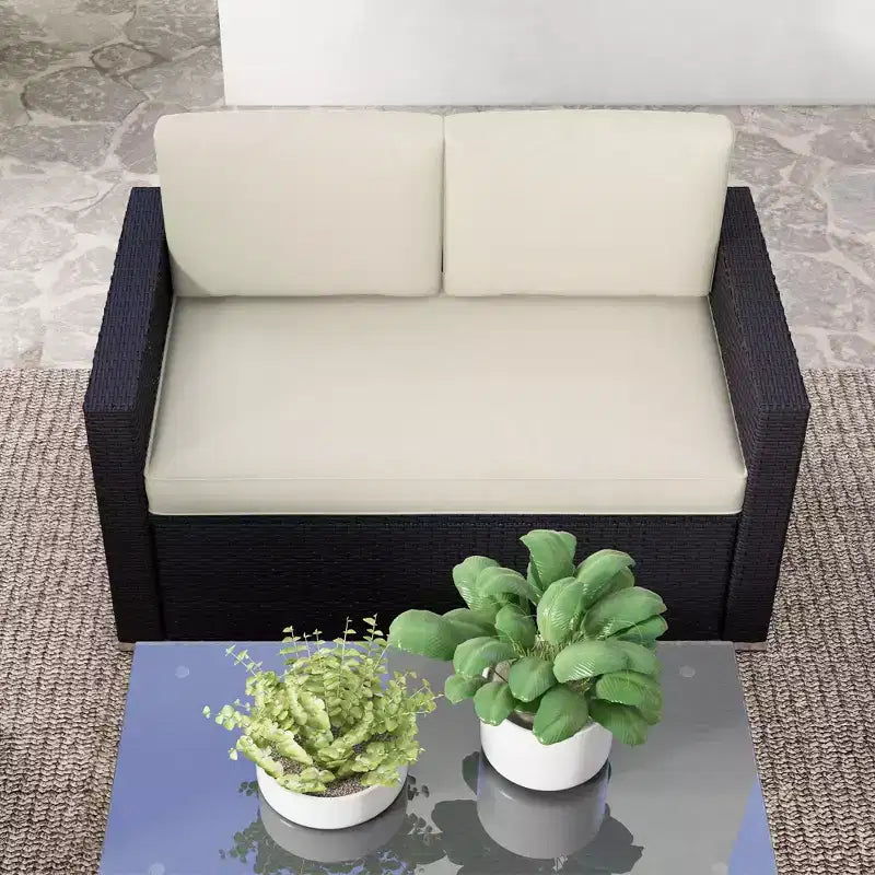 4-teiliges Rattan-Sofa-Set, Korbsessel-Set mit Zweisitzer, Couchtisch mit Glasplatte für Garten und Außenbereich