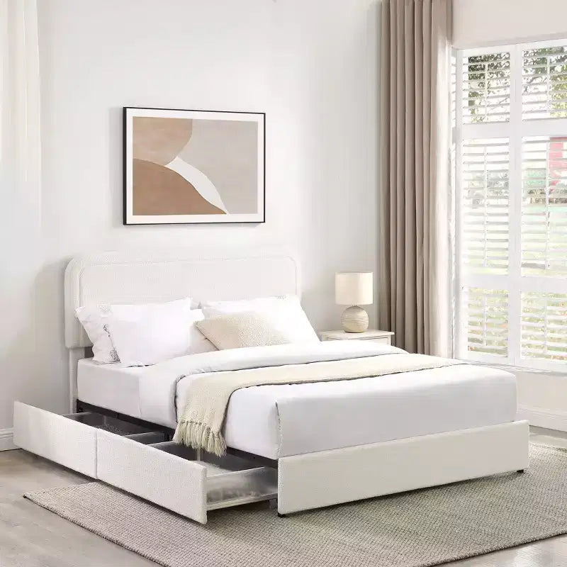 Modernes Bouclé Polsterbett Queensize mit Schubladen