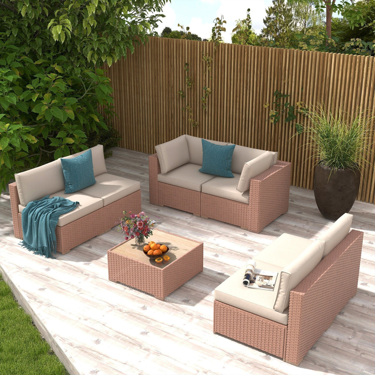7-teiliges Outdoor-Sofa-Set aus Korbweide/Stahl mit Polstern