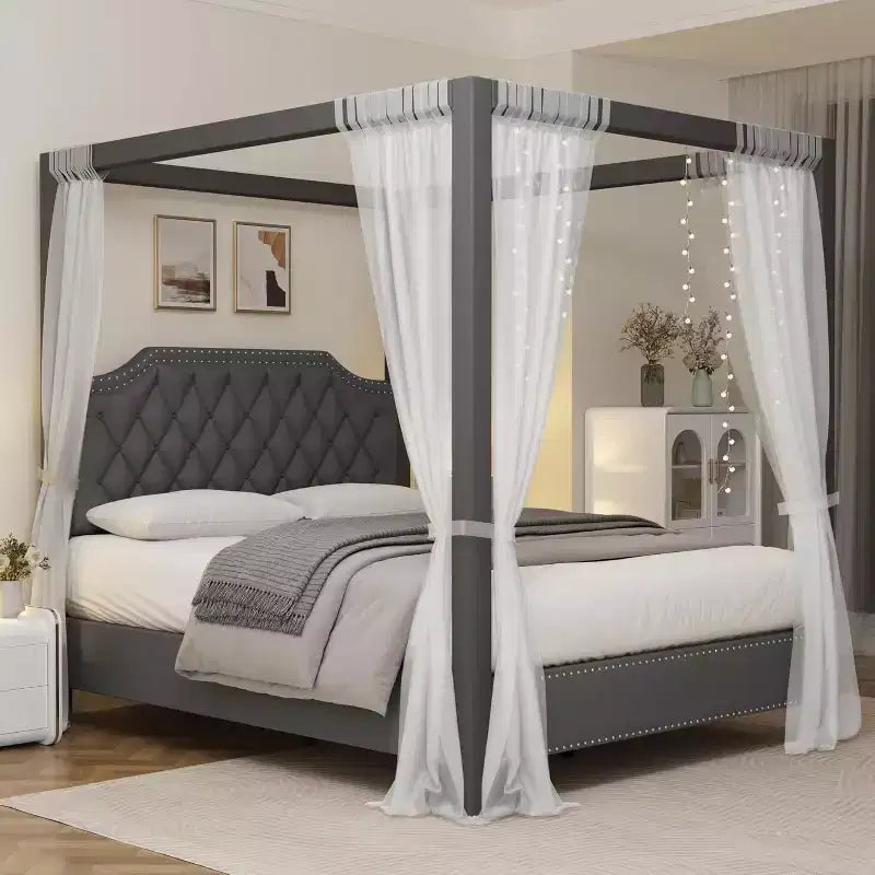 Queen-Size-Himmelbettgestell mit Pfosten, 4-Eck-Bettrahmen, Massivholzlattenrost, kein Boxspringbett erforderlich, geräuschfrei