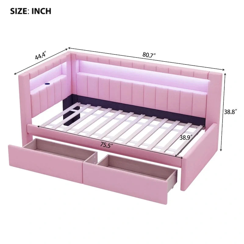 Gepolstertes Plattformbett mit USB-Anschlüssen & LED-Beleuchtung – Einzel-/Doppelbettgestell mit 2 Schubladen – Modernes Schlafzimmer