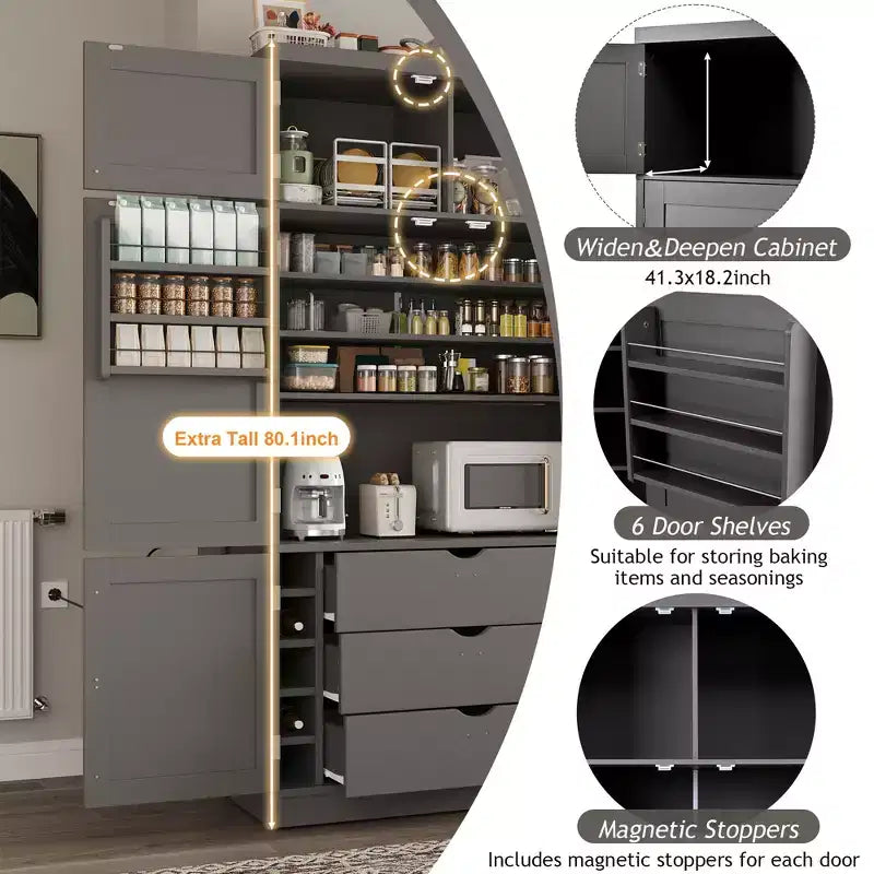 Hoher Küchenschrank mit Steckdosen, großer freistehender Schrank mit Mikrowellenständer, Schubladen, Regalen, Weinregalen und Türregal