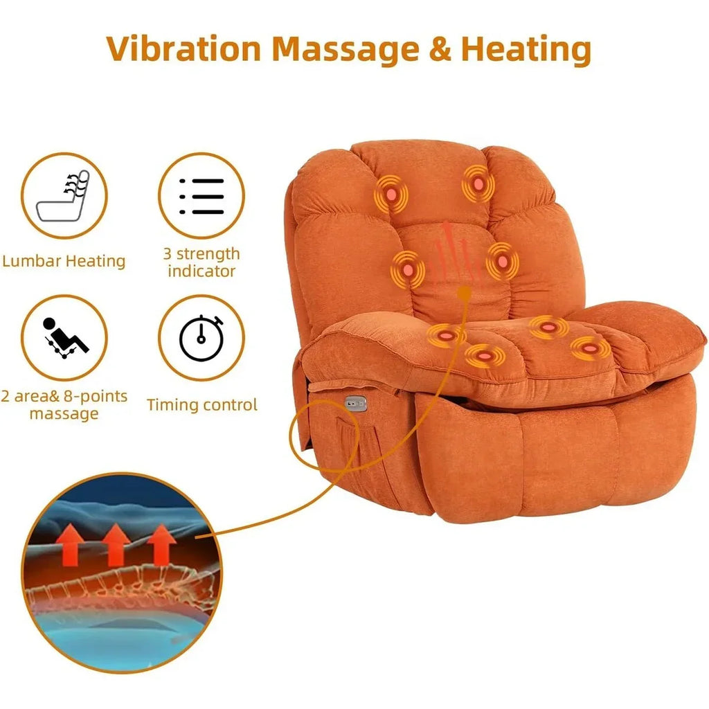 XINMICS Drehbarer elektrischer Relaxsessel, Massage-Schaukel-Liegesessel mit Heizfunktion, USB, USB-C und Seitentasche