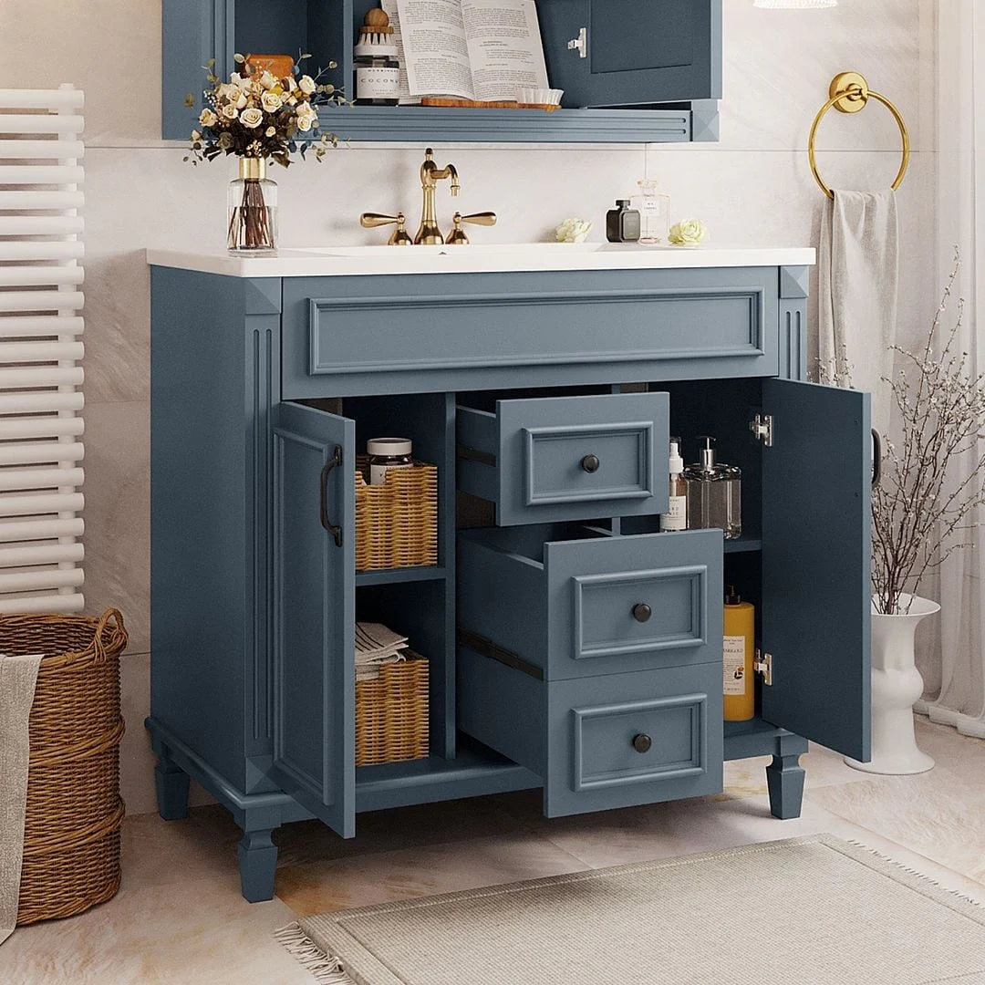 Moderner 36'' Badschrank mit Aufsatzwaschbecken und Spiegelschrank, 2 Türen und 2 Schubladen