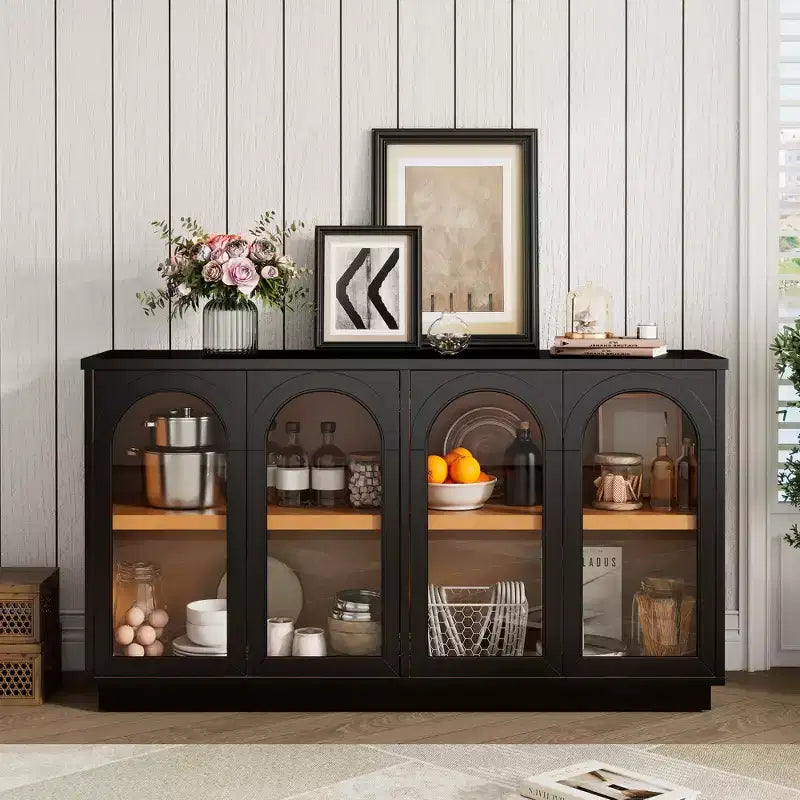 Großes 4-türiges Sideboard mit Glastüren, gewölbtes Sideboard mit verstellbaren Einlegeböden für die Küche