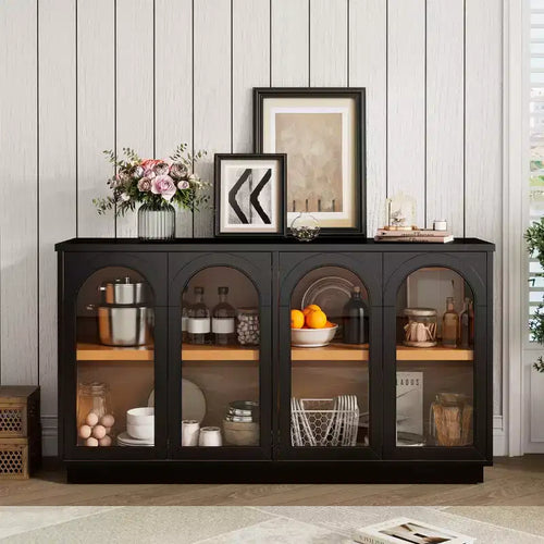 Großes 4-türiges Sideboard mit Glastüren, gewölbtes Sideboard mit verstellbaren Einlegeböden für die Küche