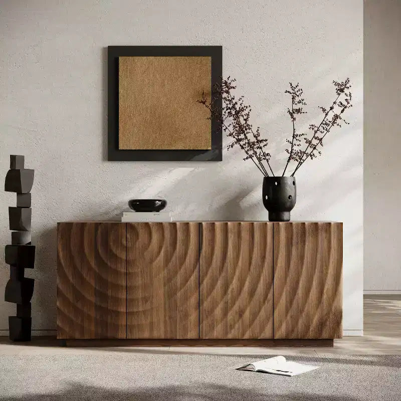 59 Modernes Spiral-Sideboard-Buffetschrank, flaches Kunst-Eingangs-Aufbewahrungsschrank mit 3D-Riffeltextur-Türen