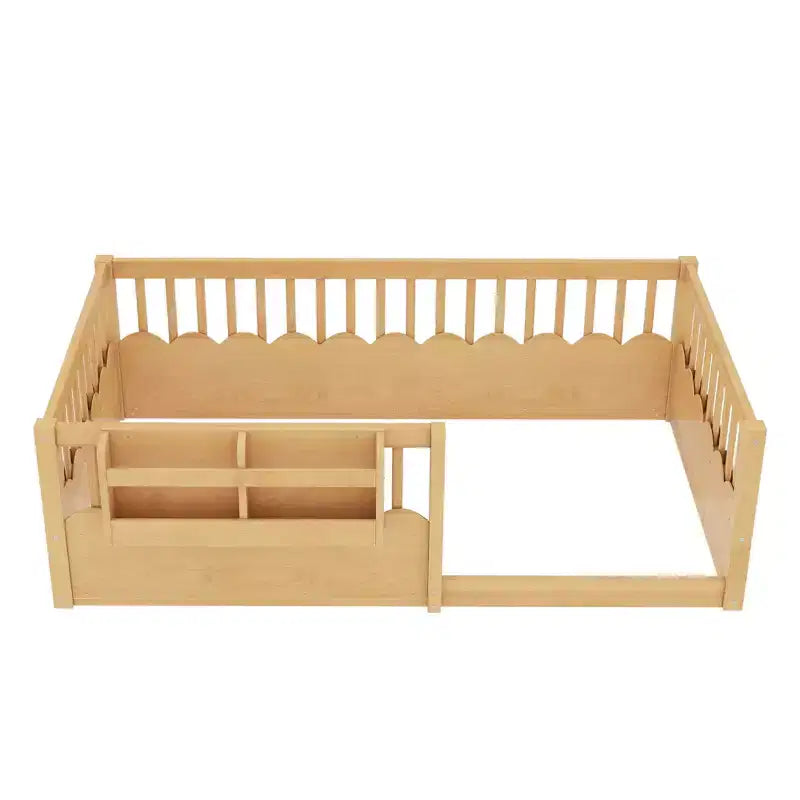 Bellemave Kinder-Bodenbett mit erhöhtem Zaun und Bücherregal, hölzernes Montessori-Bettgestell in Twin-Größe für Mädchen und Jungen