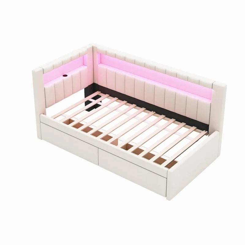 Gepolstertes Plattformbett mit USB-Anschlüssen & LED-Beleuchtung – Einzel-/Doppelbettgestell mit 2 Schubladen – Modernes Schlafzimmer