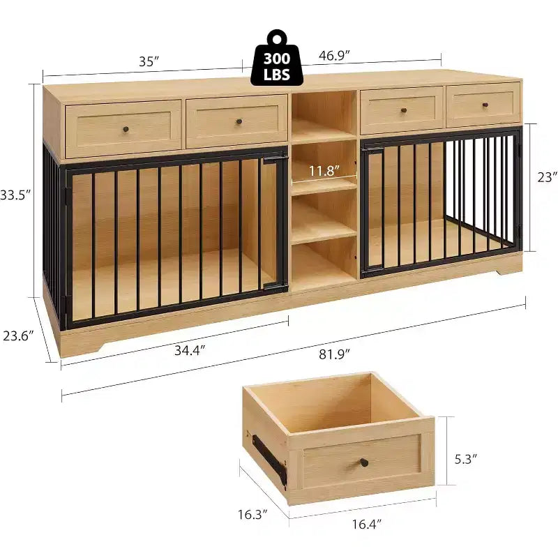 82" Doppel-Hundebox Möbel, großer Hundezwinger für 2 Hunde, robuster TV-Ständer aus Holz mit 4 Schubladen und Regalen
