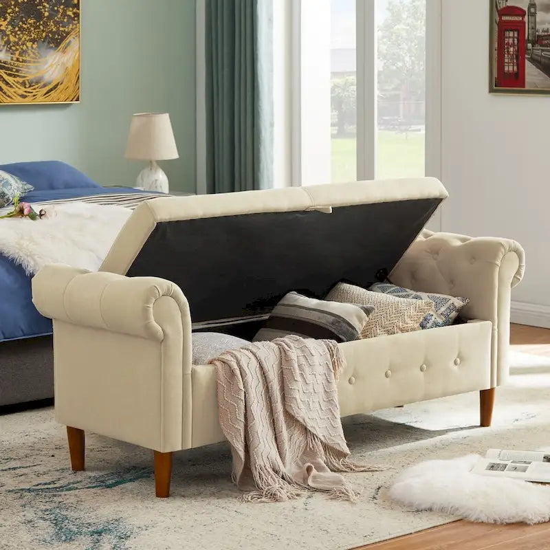 Sitzbank für Schlafzimmer, am Fußende des Bettes, mit gerollten Armlehnen, Samt-Ottomane, lange Bank