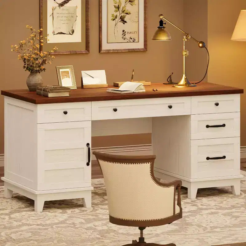 60 Executive Schreibtisch mit Schubladen, Home Office Schreibtisch mit Ladestation, Computer-Schreibtisch aus Holz für Arbeitszimmer, Konferenztisch für Wohnzimmer