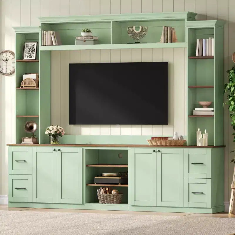 ModernLuxe 4-in-1 Bauernhaus Unterhaltungszentrum Wandregal, passend für Fernseher bis 70 Zoll, TV-Ständer Medienkonsole mit verstellbaren Regalen und Schubladen