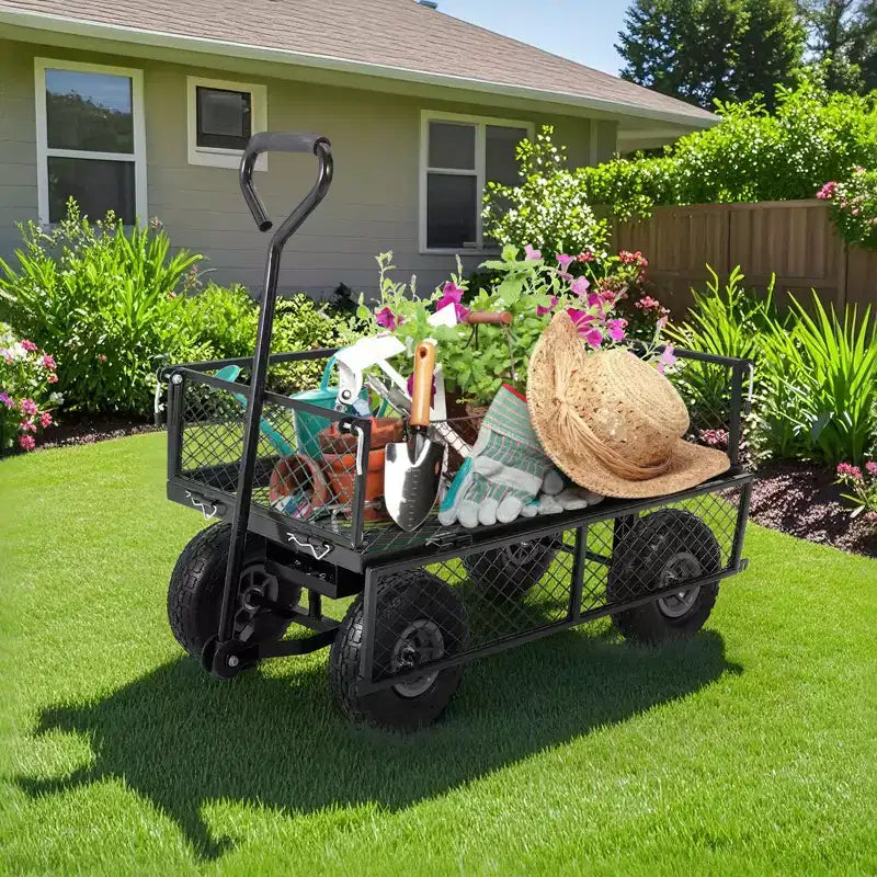 Hochleistungs-Stahl-Gartenwagen, 500 Lbs, klappbarer Gerätewagen mit abnehmbaren Gitterseiten und Einlage, 10 pneumatische Reifen, Ziehgriff