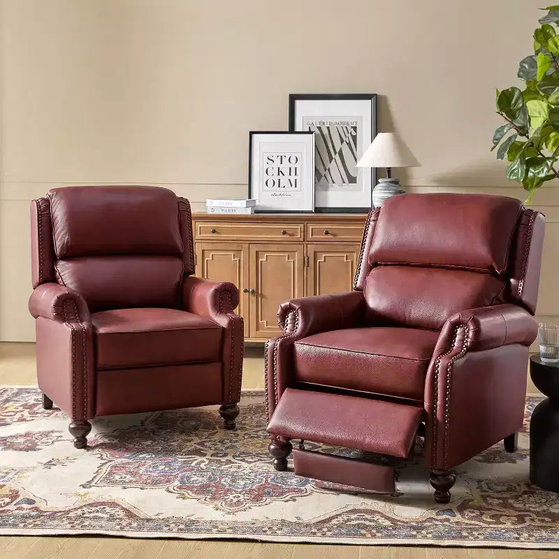 2er-Set Elisabete Modern Wingback Echtleder-Liegesessel mit Vintage-Nagelkopfleiste für Wohn- und Schlafzimmer | ART OF LIVING DESIGNS