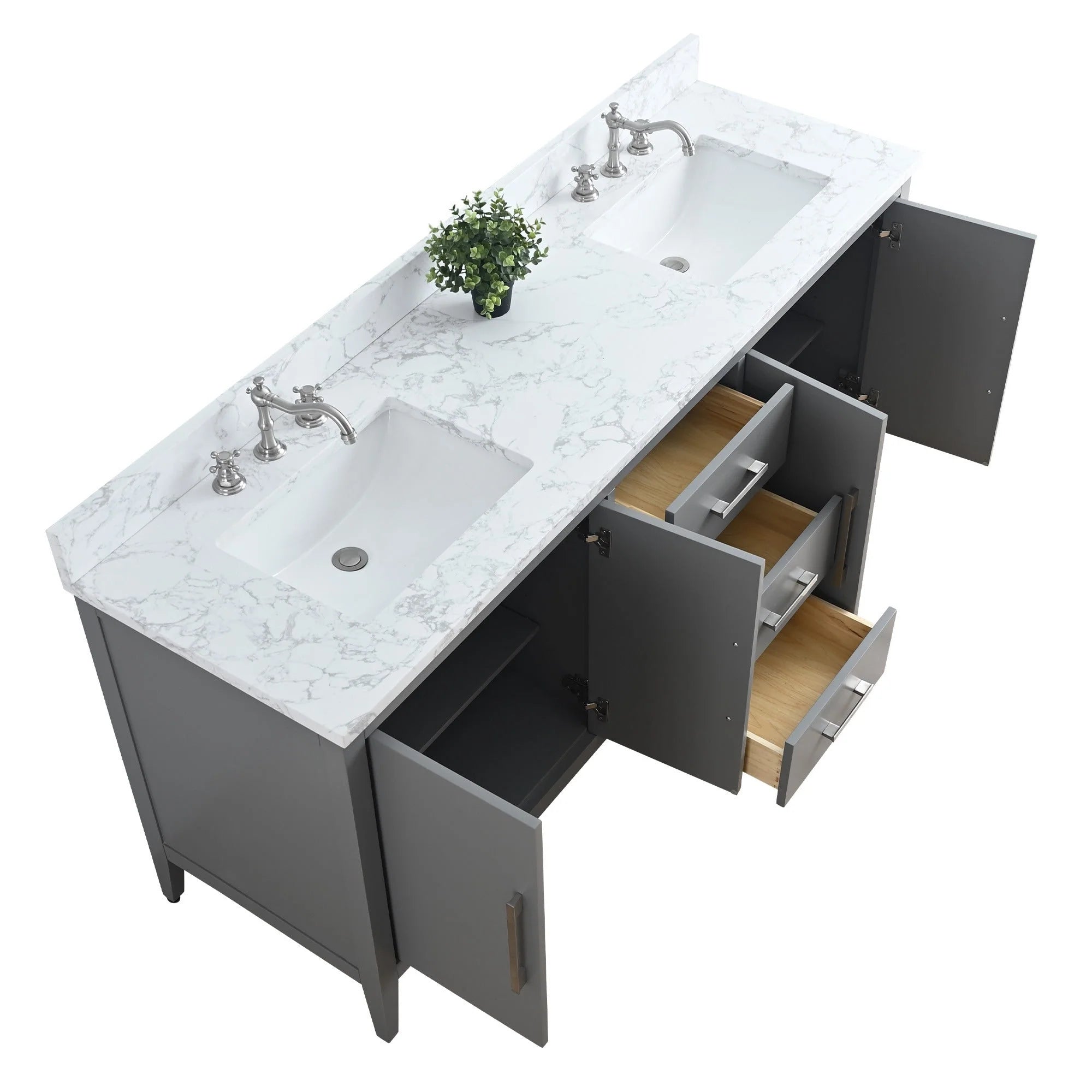 Vanity Art 72 Zoll Badezimmer-Waschtischunterschrank mit Doppelwaschbecken und Kunstmarmorplatte