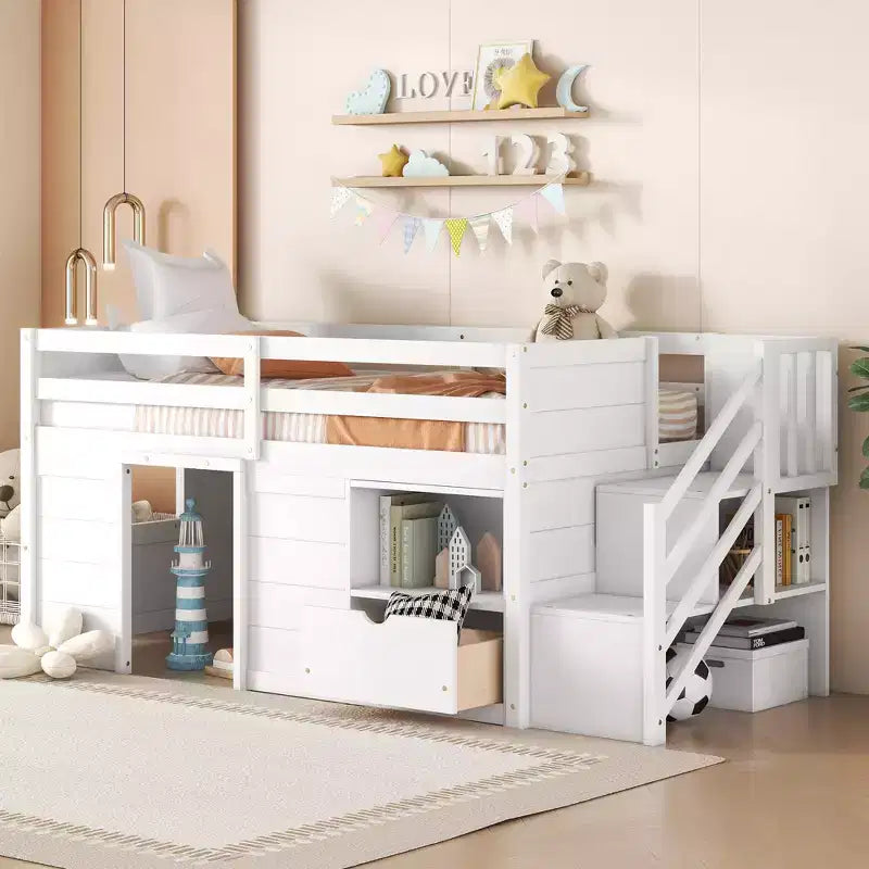 94.6L x 42.3B Massivholz-Hochbett in Twin-Größe mit Treppe, Schublade und Regal, modernes und klares Design