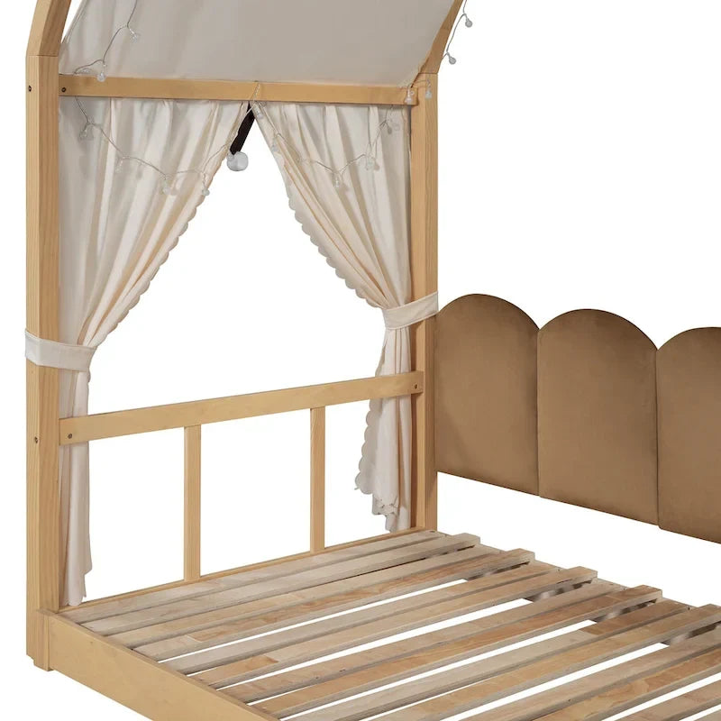 Massivholz-Spielhaus-Plattformbett, Montessori-Bettrahmen mit gewölbtem Dach und Ausziehbett für Mädchen und Jungen