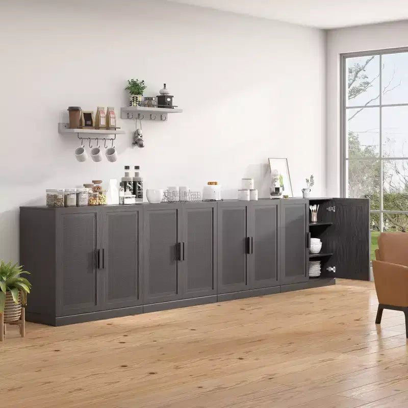 62 High Black Wicker Door Wood Grain Decorative Storage Cabinet with 12 Shelves