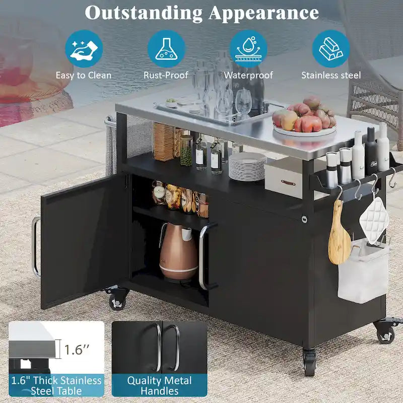 Outdoor-Kücheninsel mit Edelstahl-Arbeitsplatte, Metall-Grillwagen mit Stauraum - N/A