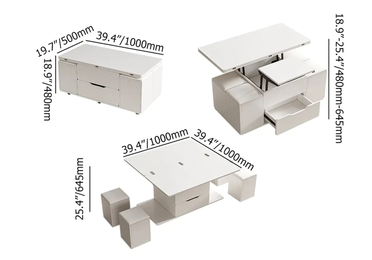 Klappbarer Couchtisch mit Liftfunktion, 4 Hockern und Stauraum