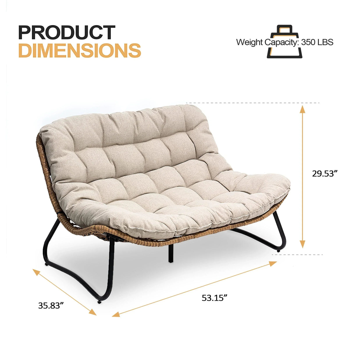 Doppelsessel Papasan mit Kissen, wetterfestes PE-Rattan und Metallrahmen für Innen- und Außenbereich