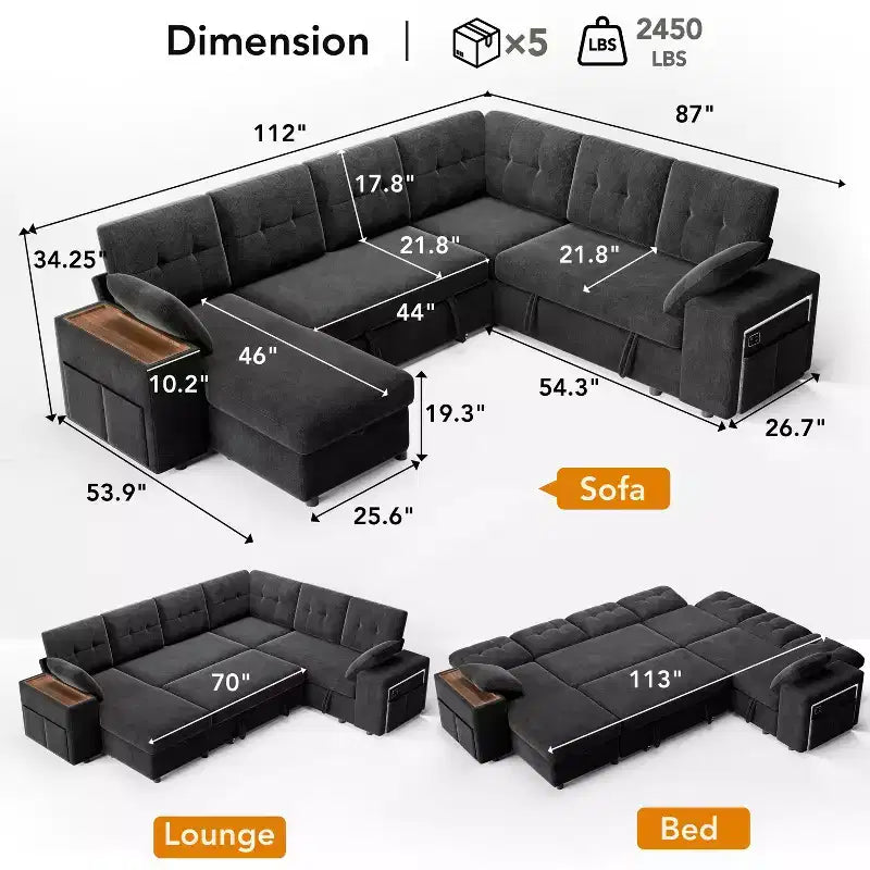 Dyonery 112 Modulares Schlafsofa mit Ausziehfunktion, U-förmiges Schnittsofa mit Stauraum, extra breite und tiefe Sitzflächen für das Wohnzimmer
