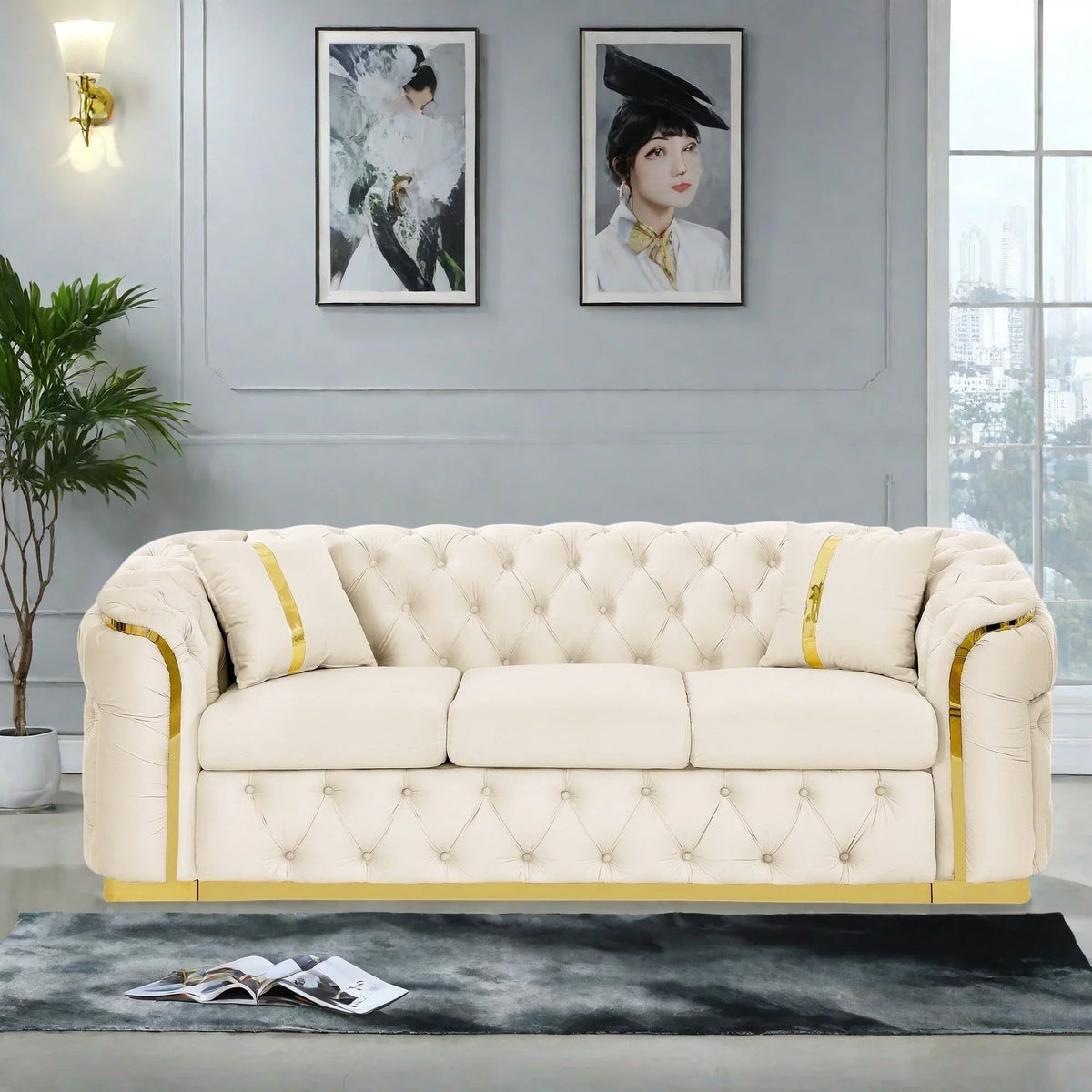 90.6 Samt-Dreisitzer-Sofa mit 2 Kissen, hochdichten Polstern, goldenen Akzenten und Kissen