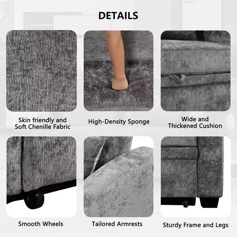 61.6 Modernes Chenille-Schlafsofa mit USB-Anschlüssen, Becherhaltern und verstellbarer Rückenlehne für Wohnzimmer, Apartment