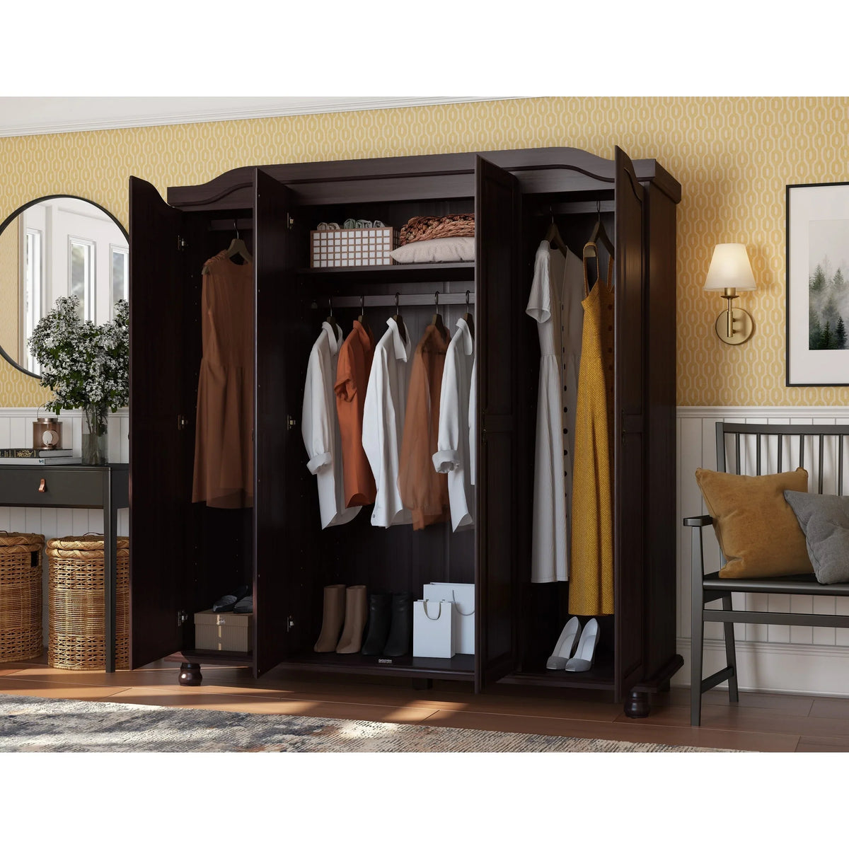 Palace Imports 100% Massivholz Kyle 4-türiger Kleiderschrank mit Massivholz- oder Spiegeltüren