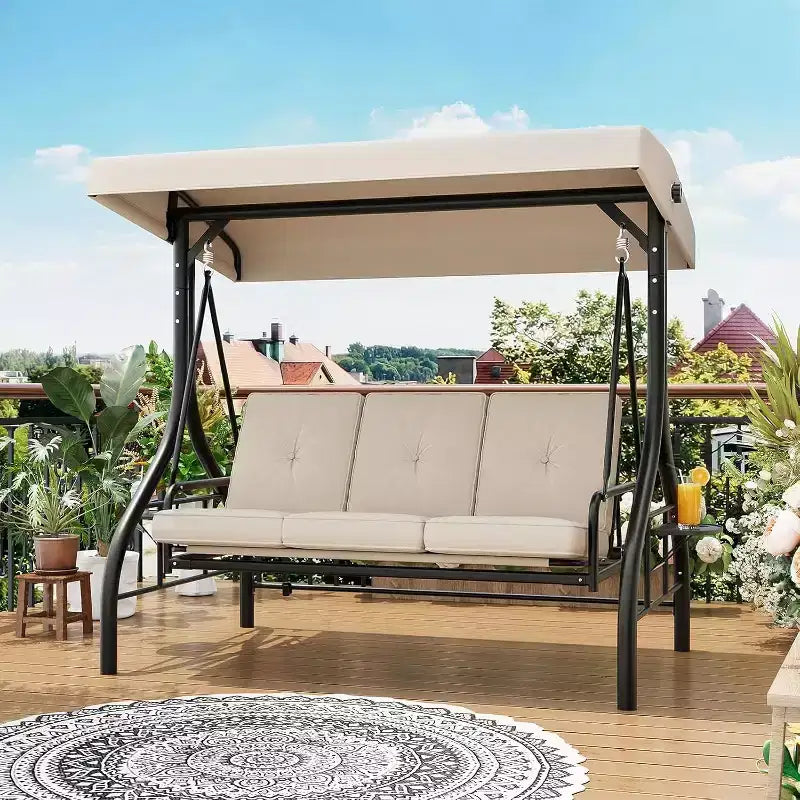 2-in-1 Cabrio 3-Sitzer Hollywoodschaukel mit verstellbarem Dach, Terrassenschaukelbett mit Gestell, dicken Kissen und Getränkehaltern, für Garten, Terrasse, Veranda