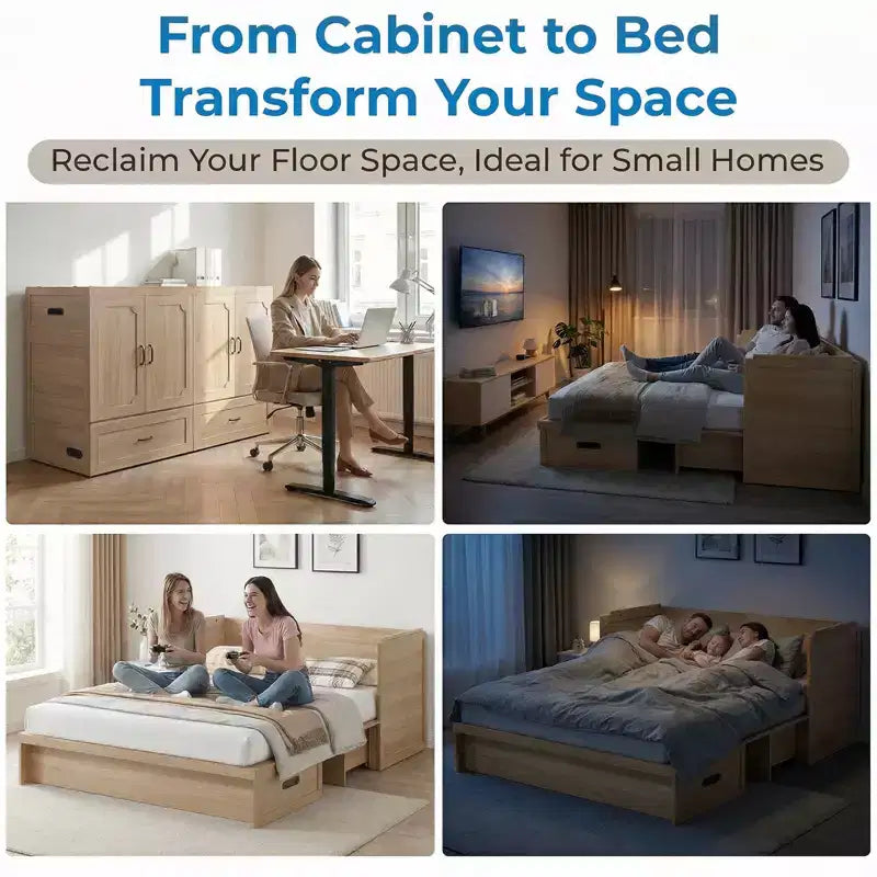 Mjkone Queen-Size-Schrankbett mit Matratze, USB-Ladeanschluss und Aufbewahrungsschubladen