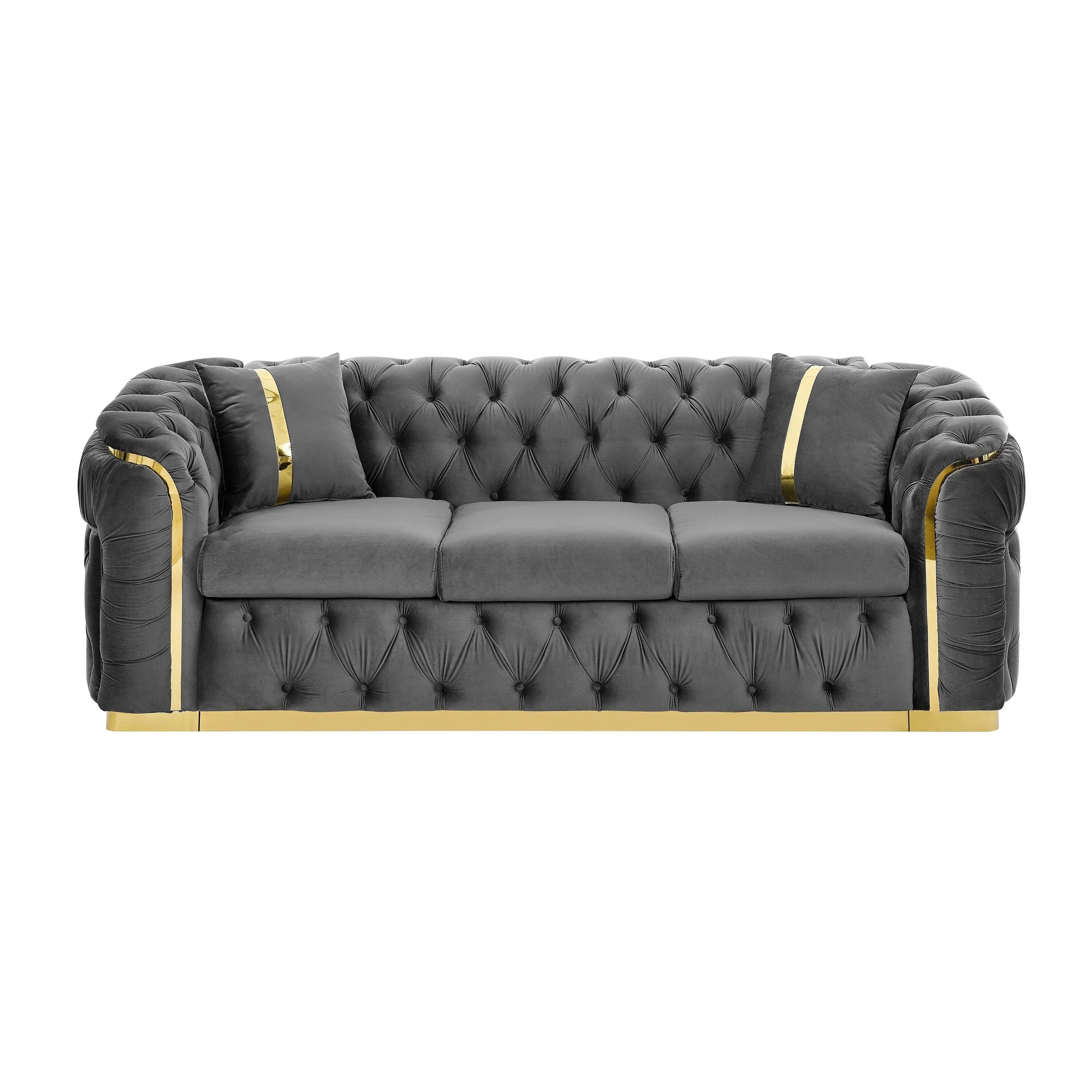 90.6 Samt-Dreisitzer-Sofa mit 2 Kissen, hochdichten Polstern, goldenen Akzenten und Kissen
