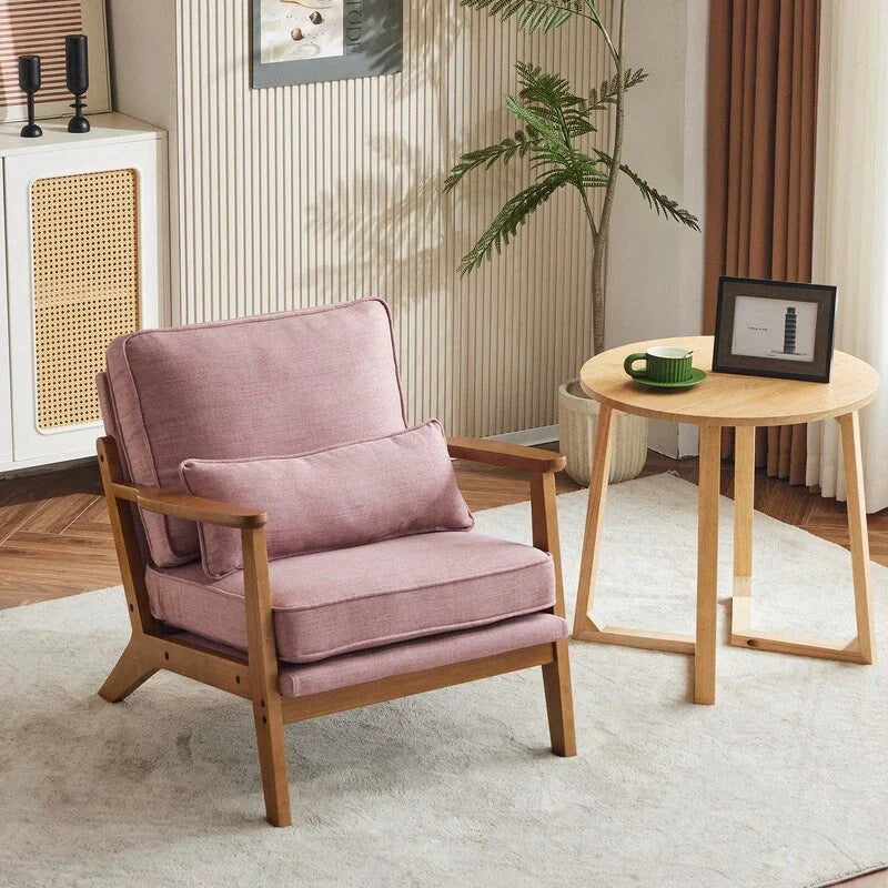 Polster-Akzentsessel aus Leinenmischgewebe mit Holzbeinen und einem Kissen, Beige
