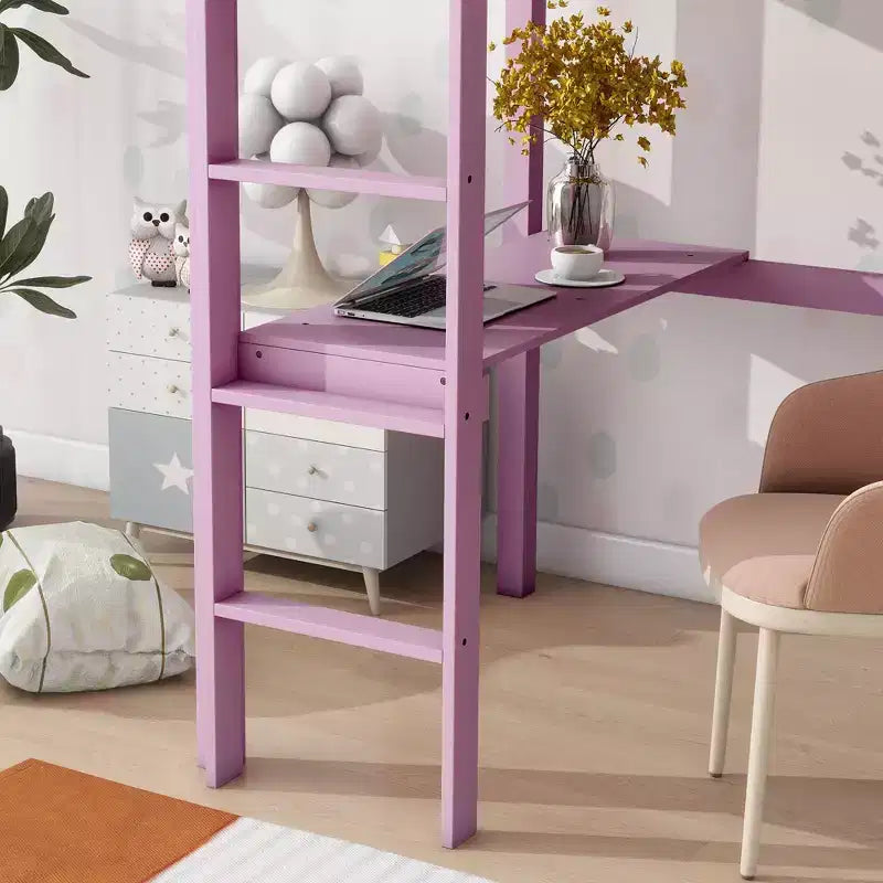 Okak Minimalism Hochbett mit Leiter, Hochbett aus Kautschukholz mit Sicherheitsgeländer und integriertem Schreibtisch, Bettrahmen für Kinder, Jugendliche