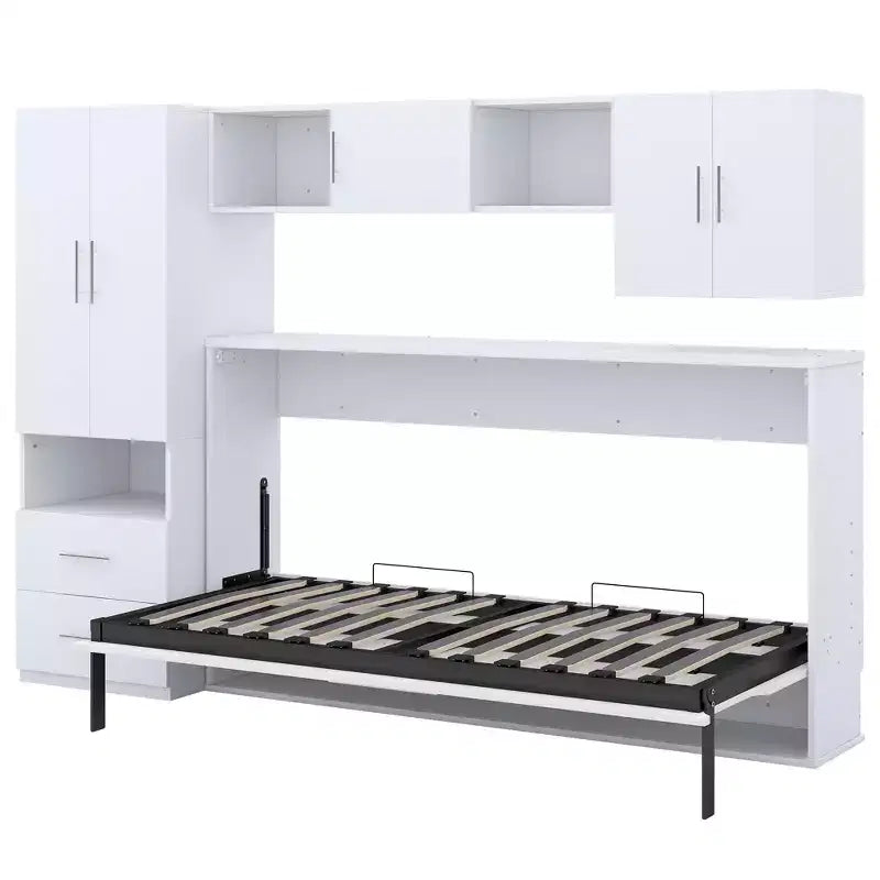 Murphy-Bettrahmen in Einzelbettgröße, Holzschrankbett mit integriertem Kleiderschrank, Aufbewahrungsschubladen und offenen Regalen, Weiß – ModernLuxe