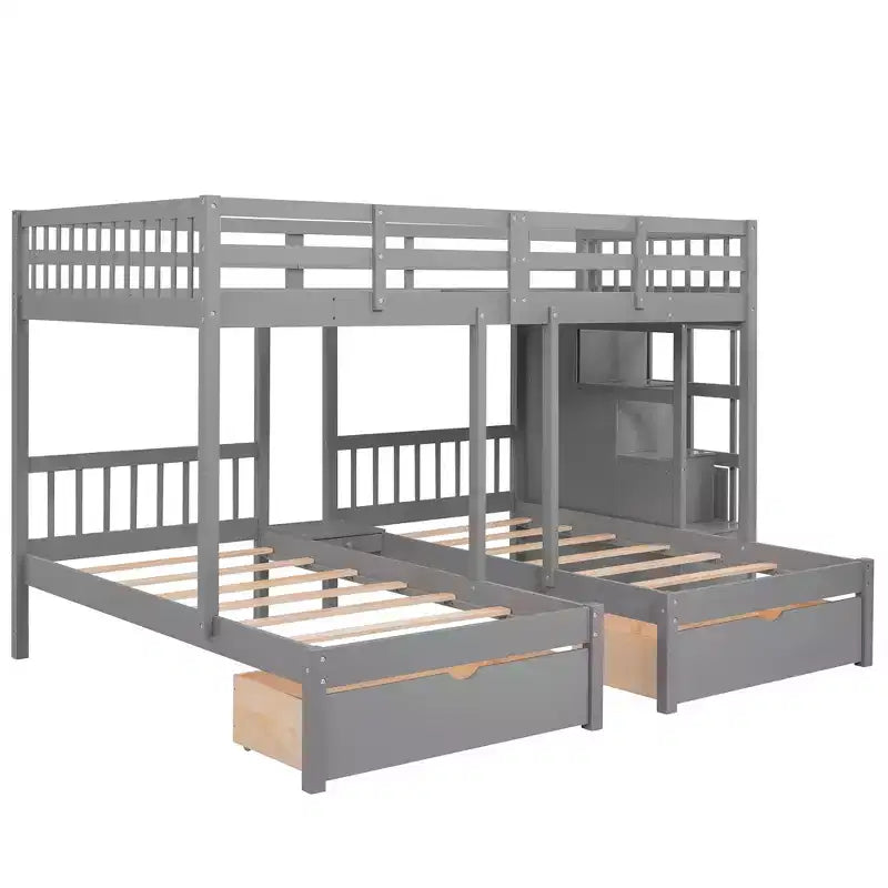 Whisen Etagenbett mit Doppelbett oben und zwei Einzelbetten unten, dreifaches Etagenbett aus Holz mit Schubladen und Schutzgittern