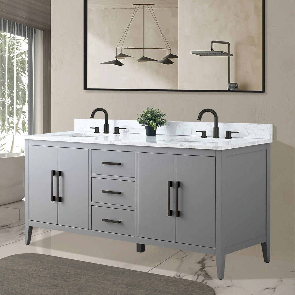 Vanity Art 72 Zoll Badezimmer-Waschtischunterschrank mit Doppelwaschbecken und Kunstmarmorplatte
