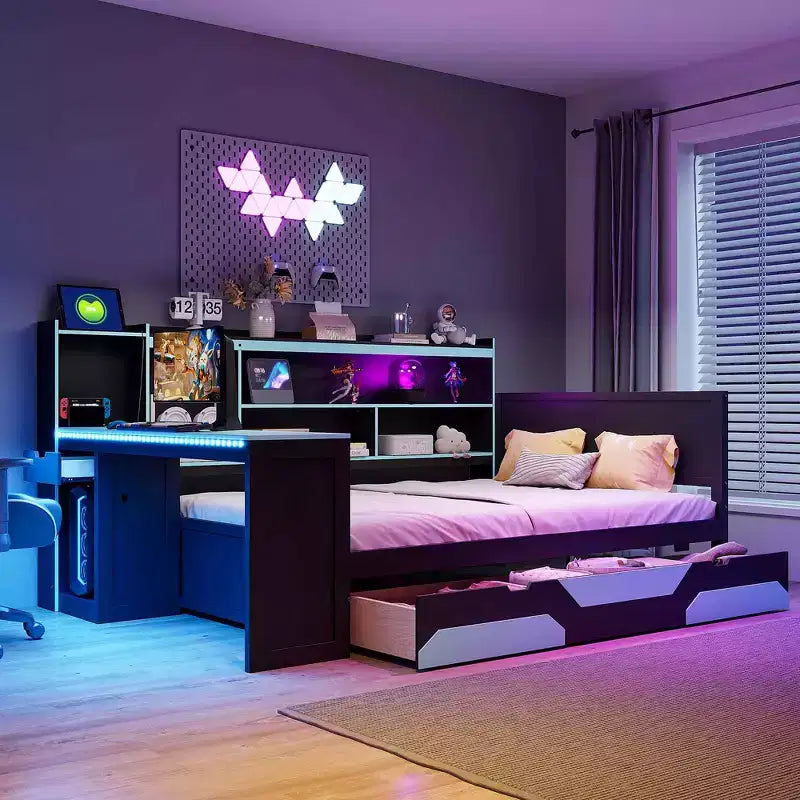 Gaming-Tagesbett (Queen-Size/Full-Size) mit Kopfteilregal, LED-Beleuchtung, integriertem Schreibtisch, Schubladen und Ladestation