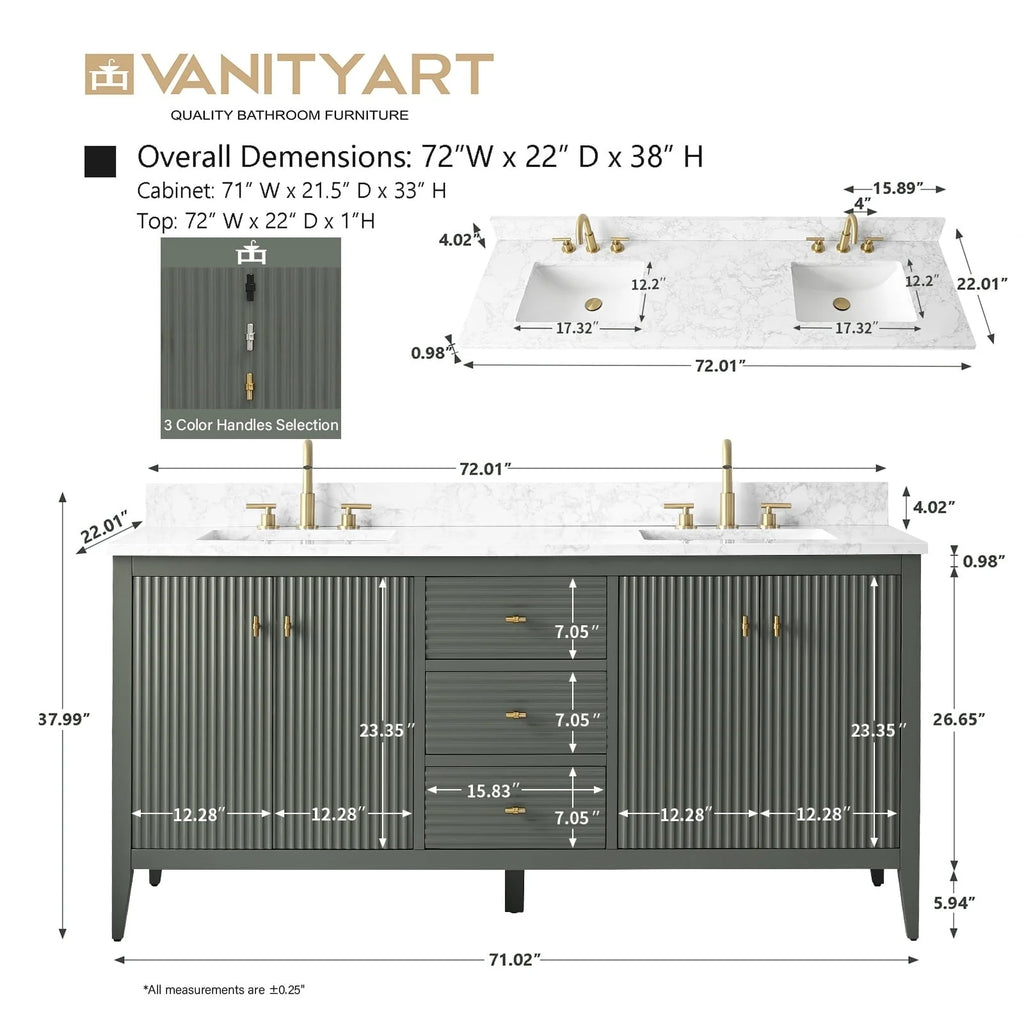 Vanity Art 72 Zoll Badezimmer-Waschtischunterschrank mit Doppelwaschbecken und Kunstmarmorplatte