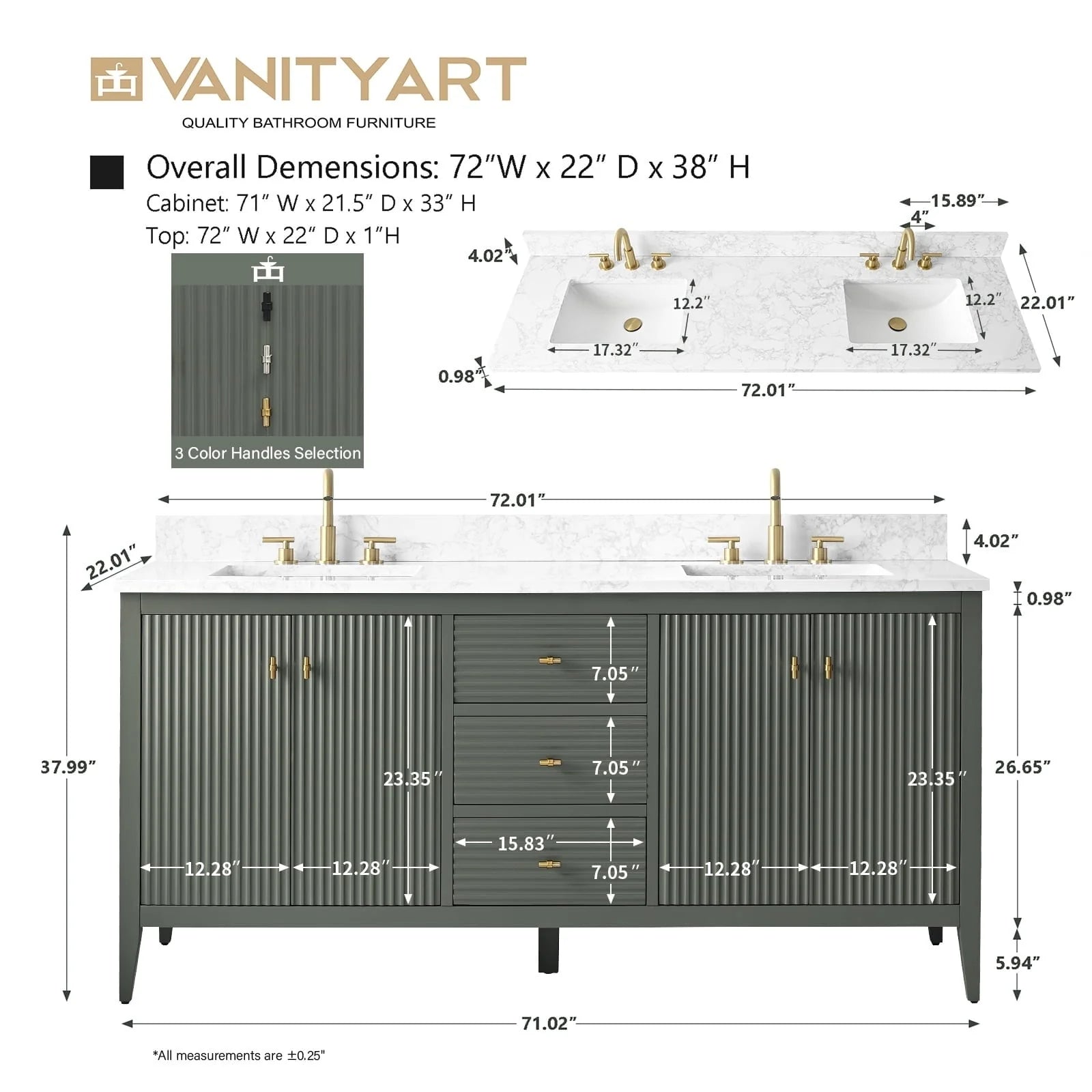 Vanity Art 72 Zoll Badezimmer-Waschtischunterschrank mit Doppelwaschbecken und Kunstmarmorplatte