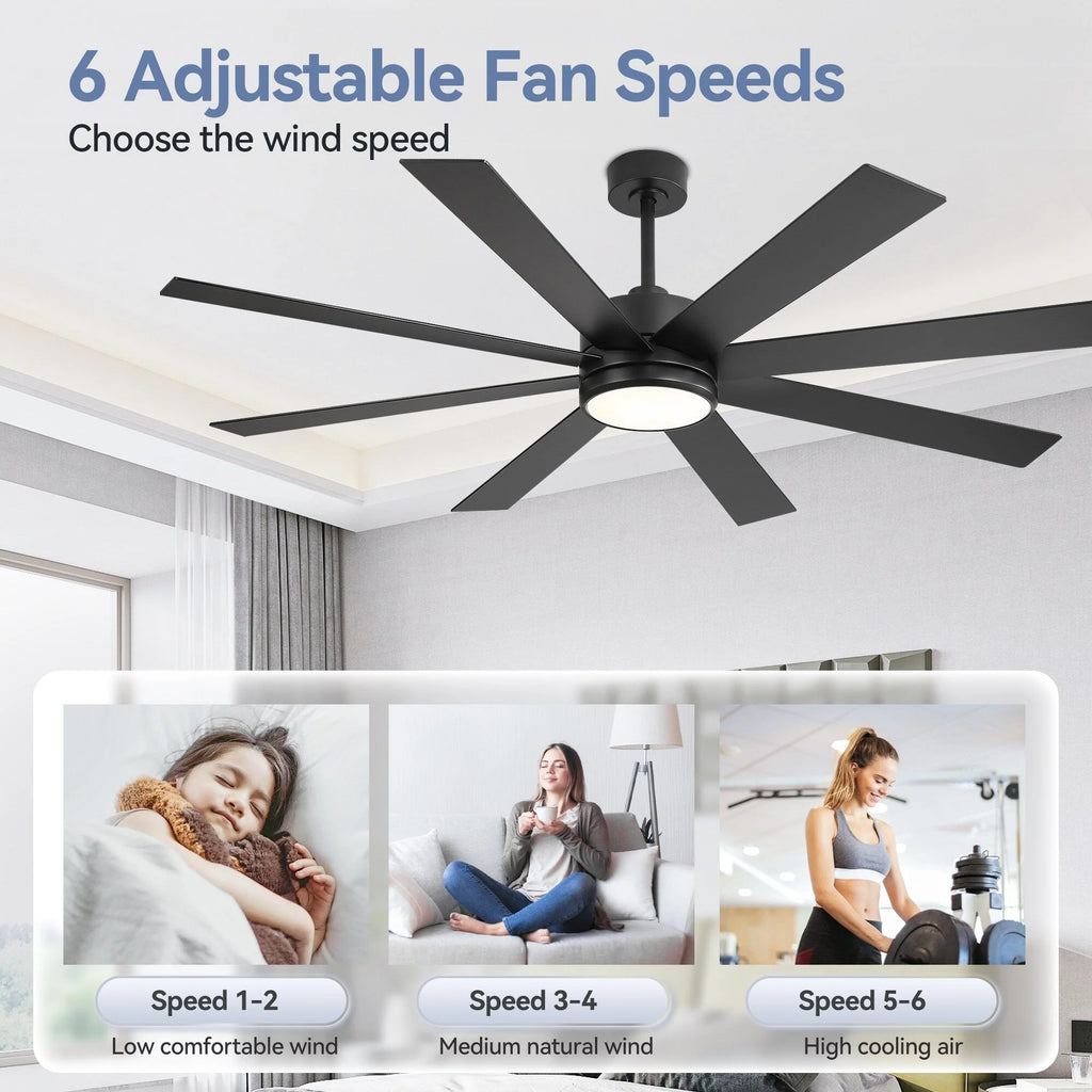 65-Zoll-LED-Deckenventilator mit 8 Flügeln, Licht und Fernbedienung, Schwarz