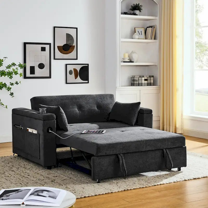 54 Schlafsofa zum Ausziehen, 2-Sitzer-Schlafsofa mit Stauraum, Lendenkissen, USB-Steckdose