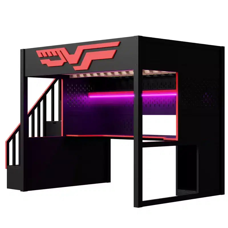 Vollständiges Gaming-Hochbett mit Schreibtisch und LED-Beleuchtung, großes Hochbett aus Holz mit Treppe und Stauraumtreppe sowie USB-Anschluss, Rot+Schwarz
