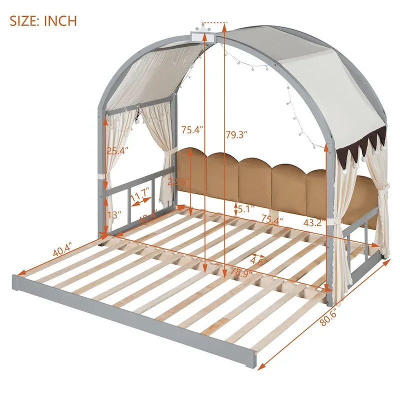Massivholz-Spielhaus-Plattformbett, Montessori-Bettrahmen mit gewölbtem Dach und Ausziehbett für Mädchen und Jungen