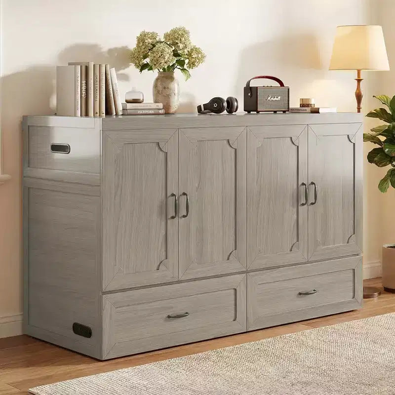 Mjkone Queen Size Wandelbares Murphy-Schrankbett mit USB-Ladefunktion, Schubladen, keine Matratze enthalten