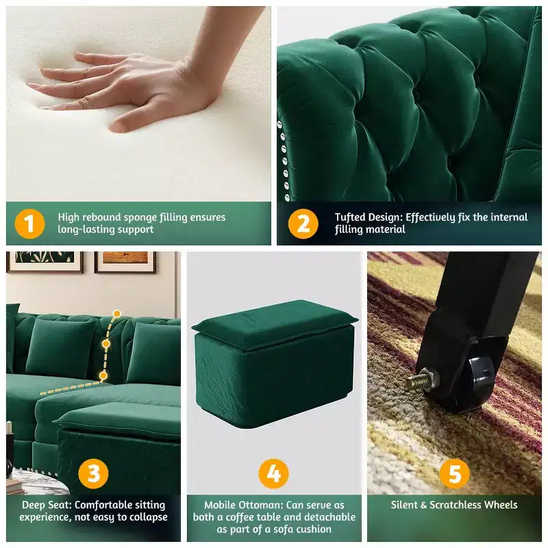 Whisen Velvet 3-in-1 Schlafsofa und wandelbares Schlafsofa im Kingsize-Format mit ausziehbarem Ottomane, getuftetem Design